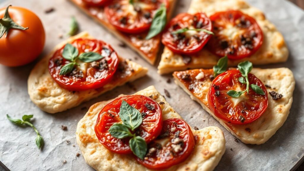 خبز فلاتبرد متوسّط محضّر من الطماطم المجففة بالأعشاب، ريفي وراقي.