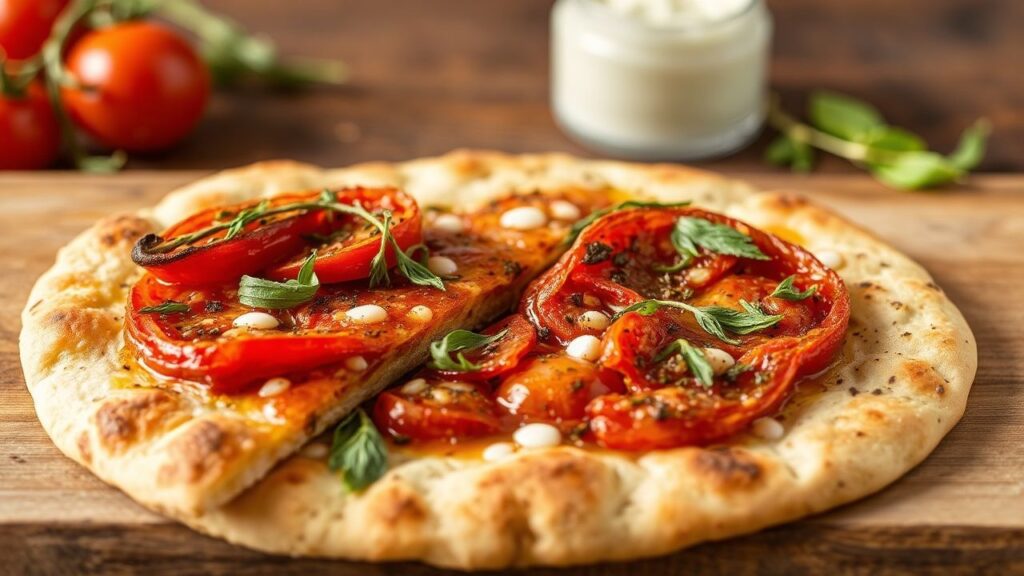 خبز مسطّح بالطحين مع طماطم مجففة بالشمس وأعشاب طازجة، رائحة مغناطيسية شهية.