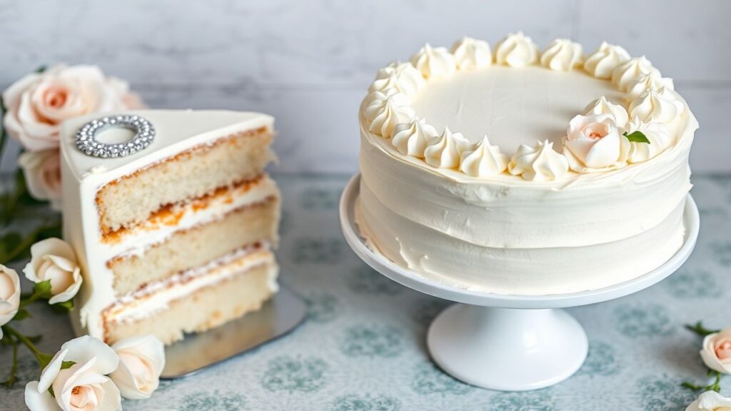 Gluten-free white cake for weddings with a clean, smooth finish.