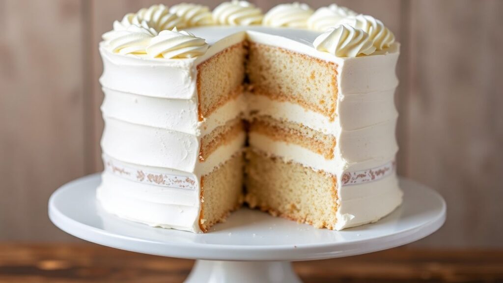 Decorated gluten-free white cake for wedding celebrations.