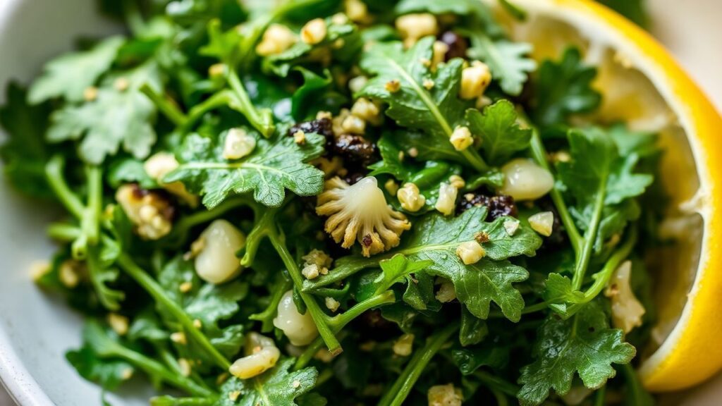 خضار برية مقلية بالليمون والثوم، لقطة زاهية في طبق ساخن، غنية بالنكهة والحيوية.