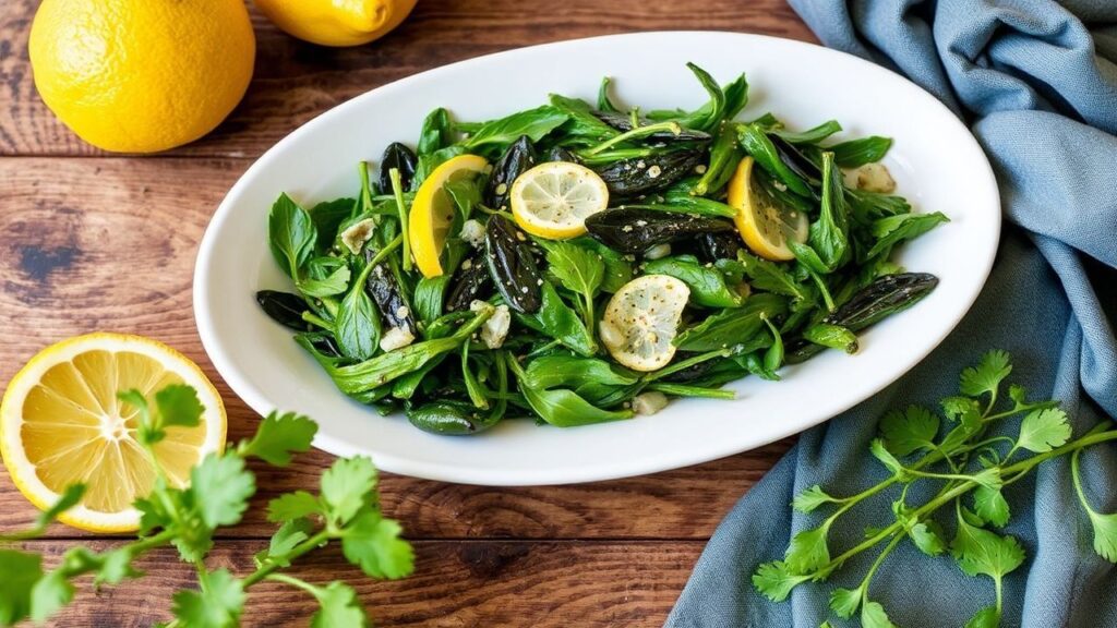 خضار برية مذابة بالليمون والثوم، لقطة زاهية تُبرز نكهة الطبيعة في عالم الطهي