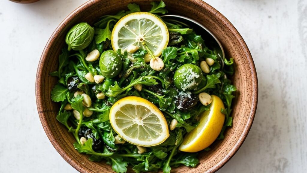 خضار برية مذابة بالليمون والثوم، لقطة زاهية تُبرز نكهة الطبيعة في عالم الطهي