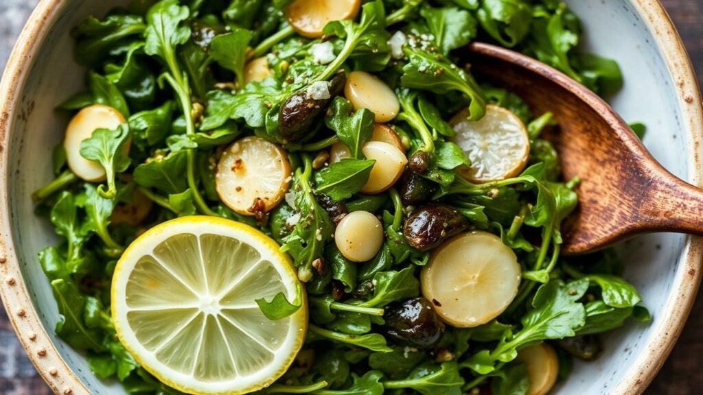 خضار برية مذابة بالليمون والثوم، لقطة زاهية تُبرز نكهة الطبيعة في عالم الطهي