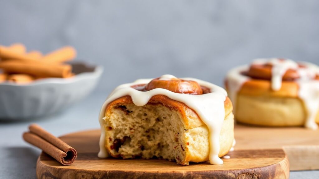 A plate of vegan cinnamon rolls with dairy-free icing and cinnamon swirls.