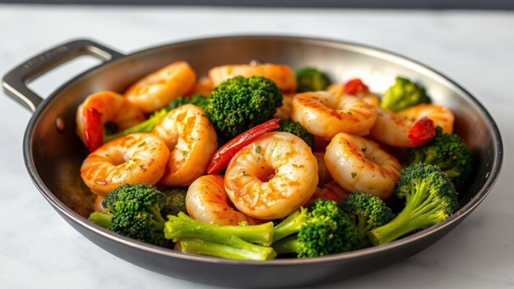 جمبري وبروكلي بالزبدة والثوم يقلبان في مقلاة واحدة، وجبة سريعة ولذيذة بالعربي