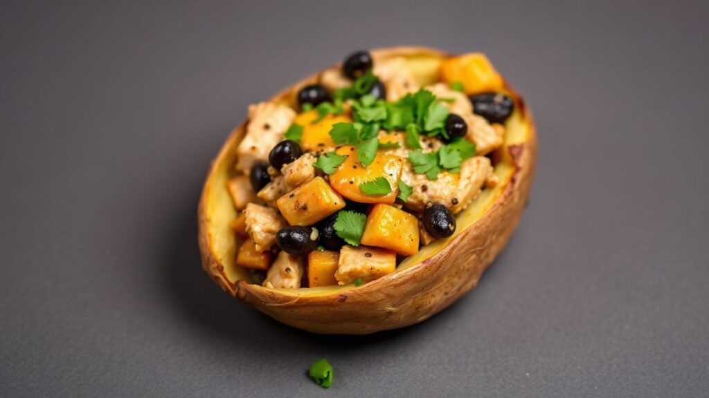 Hearty chicken and black bean stuffed sweet potatoes, a comfort-food style healthy dinner.