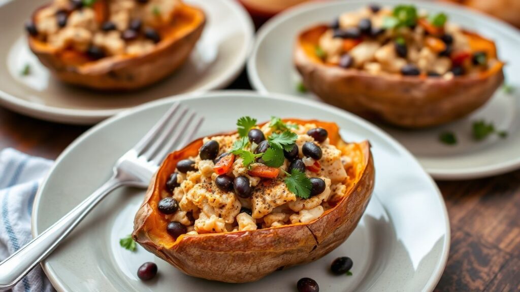 Stuffed sweet potatoes with chicken and black beans topped with herbs and lime.
