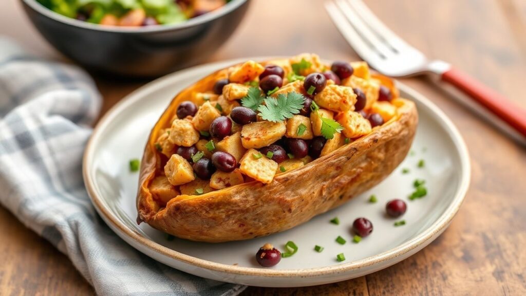 Chicken and black bean stuffed sweet potatoes served with cilantro and lime.