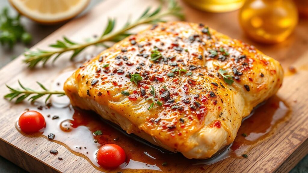 Greek chicken marinated in a tray with herbs, olive oil, and lemon