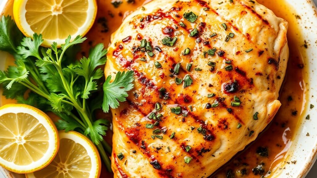 Greek chicken on a platter with herbs and lemon