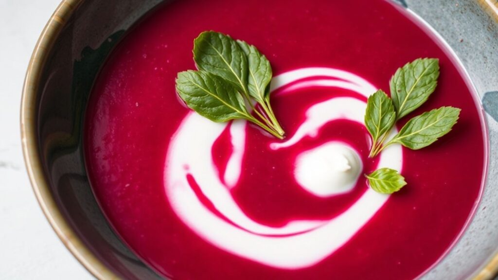 وعاء شوربة بنجر كريمية مع لبن زبادي، تبرز نكهات جريئة تحت ضوء دافئ، احتفال بطبيعة.