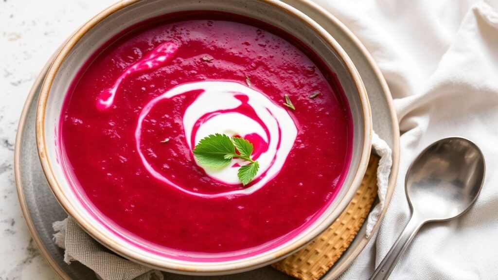 وعاء شوربة بنجر كريمية بالزبادي ذات لون أحمر ياقوتي عميق ومفعم بالنكهة