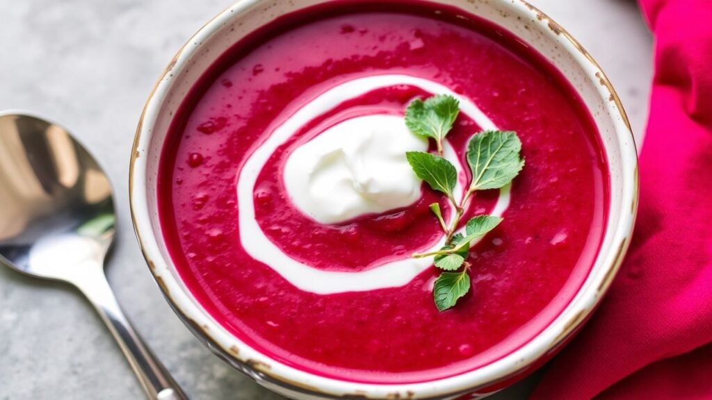 وعاء شوربة بنجر كريمية بالزبادي ذات لون أحمر ياقوتي عميق ومفعم بالنكهة