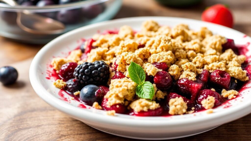 Low-sugar diabetic berry crumble close-up