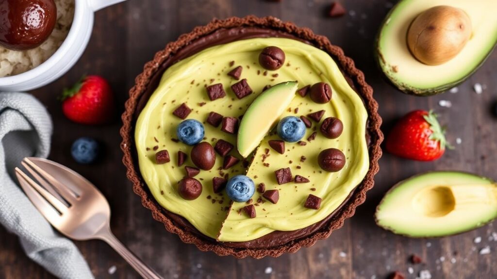No-bake chocolate avocado tart—creamy filling and cocoa crust
