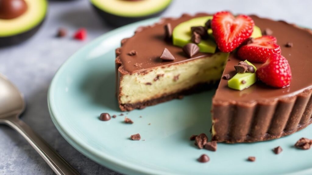 Decadent no-bake chocolate avocado tart served with garnishes