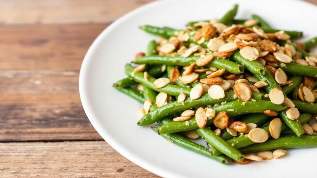 فاصوليا خضراء باللوز والثوم المقرمش، طبق صحي بنكهة شهية.