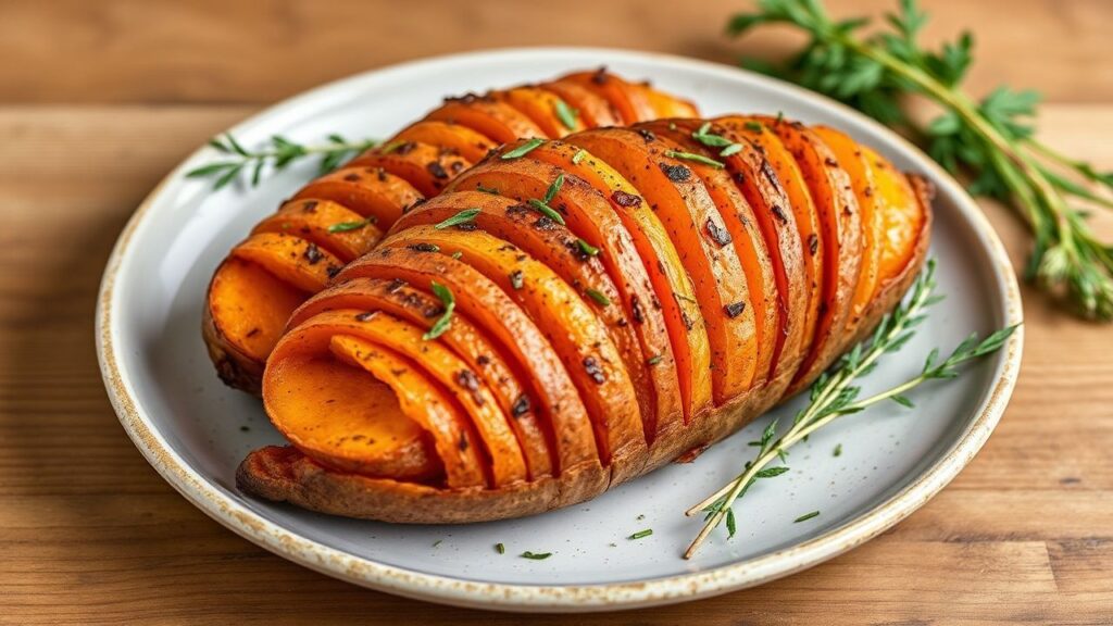 بطاطا حلوة هاسيلباك مشوية بالأعشاب، نكهة غنية وملمس هش