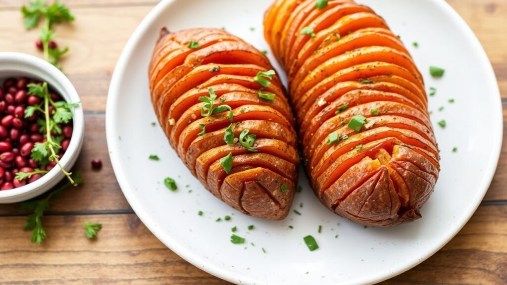 بطاطا حلوة هاسيلباك مع أعشاب طازجة وخضرة مشوية