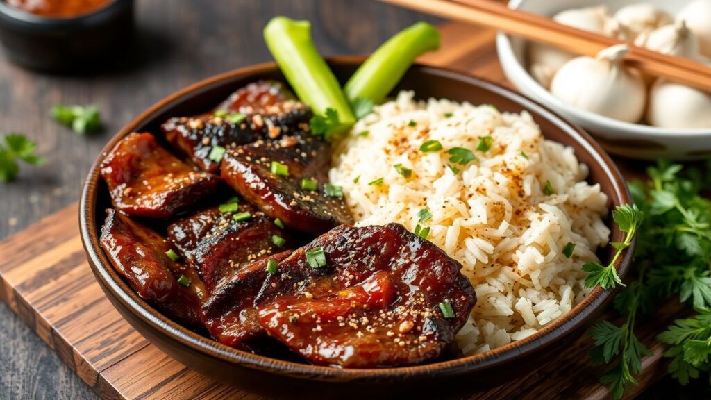Healthy marinated beef slices with garlic fried rice
