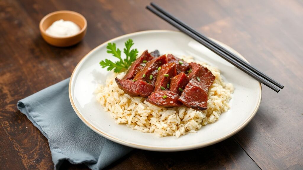 Garlic fried rice and marinated beef slices