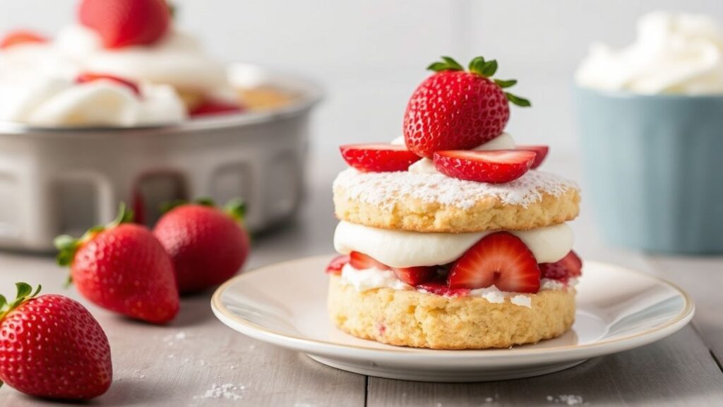 Fluffy gluten-free strawberry shortcake with fresh strawberries and airy crumb