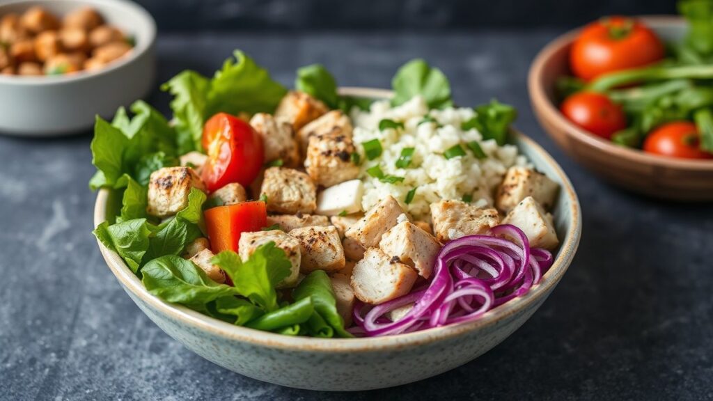 Greek chicken salad bowl with flavorful cauliflower rice