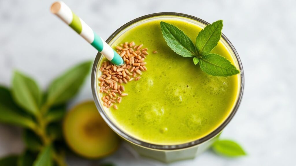 Matcha and hemp protein smoothie for clean energy in a glass