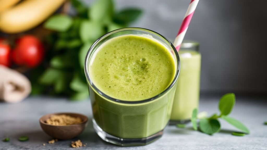 Matcha and hemp protein smoothie in a glass with bright green color