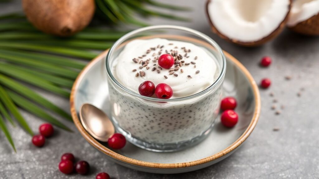 Creamy chia pudding with coconut milk in a tropical breakfast style