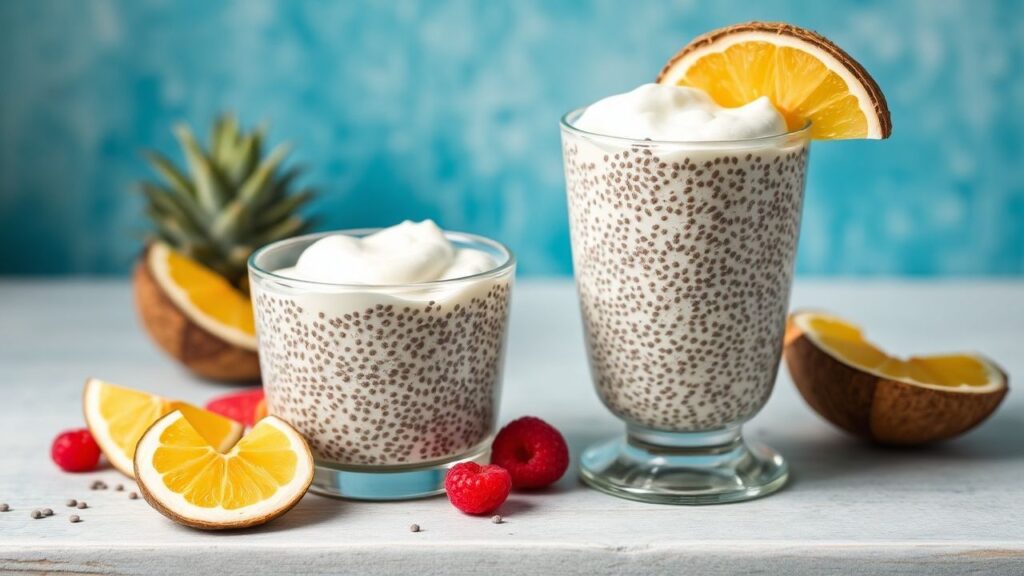Healthy creamy chia seed pudding with coconut milk, tropical flavor and texture
