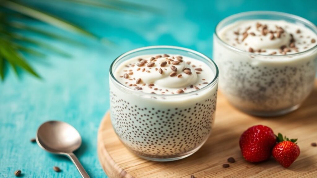 Coconut milk chia pudding topped with tropical fruit and coconut flakes