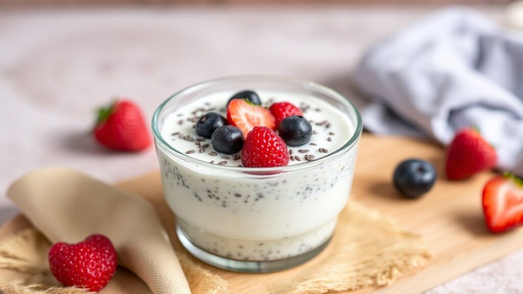 Creamy chia pudding with coconut milk served as a tropical dessert
