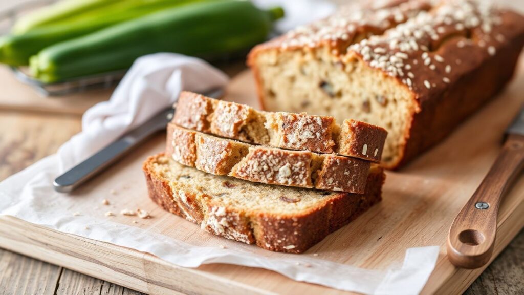 Zucchini bread loaf on a plate.