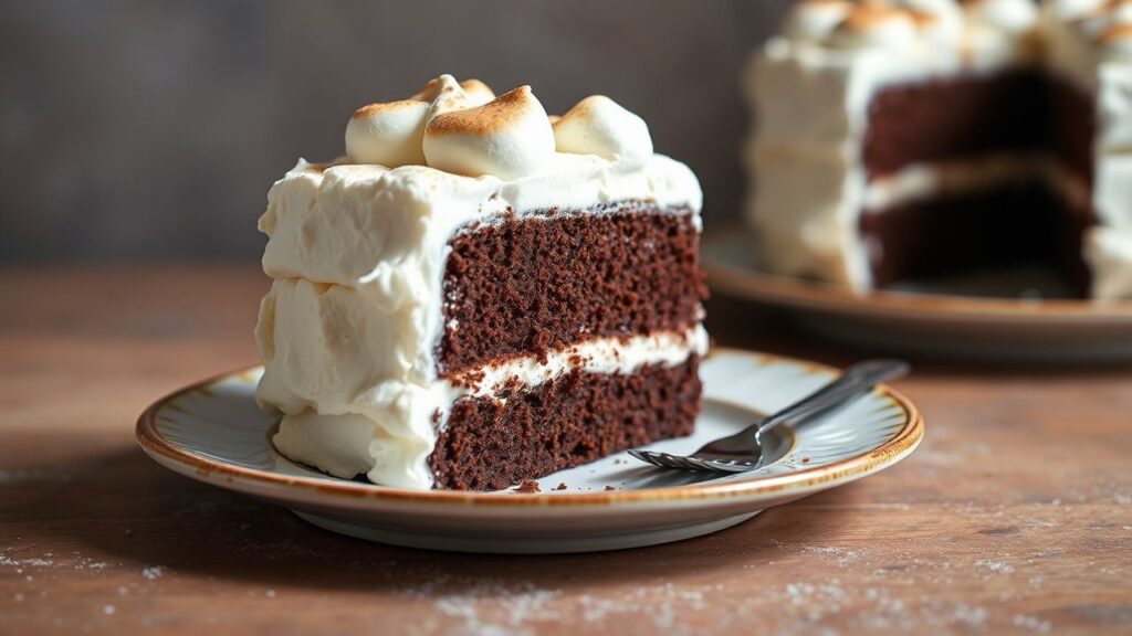 Decadent Hot Chocolate Layer Cake with fluffy marshmallow frosting