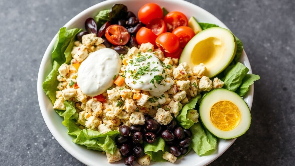 Keto Cobb Salad with Creamy Ranch Twist plated and garnished
