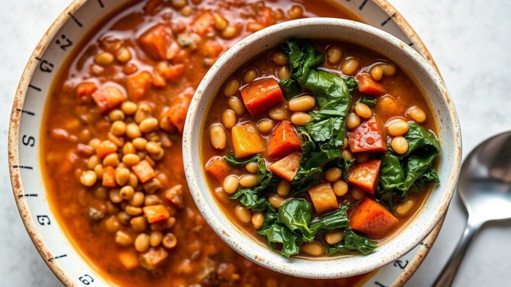 Warm bowl of healthy gluten-free lentil and kale stew