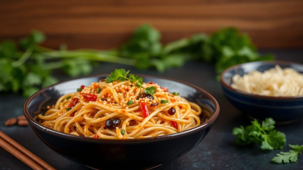 طبق معكرونة بالسمسم الحارّة، صوص نباتي مملوء بالنكهة، مناسب لعشاق الوجبات السريعة