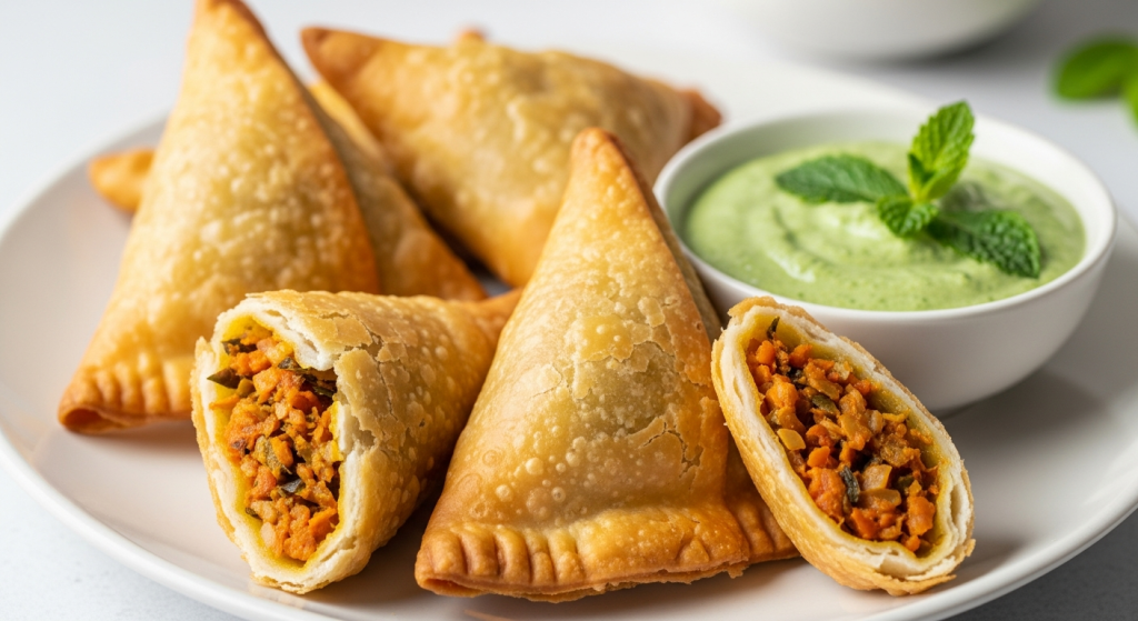 Crispy Vegetable Samosas Paired with Zesty Mint Chutney Delight