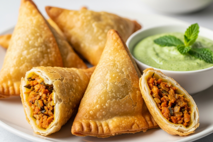 Crispy Vegetable Samosas Paired with Zesty Mint Chutney Delight