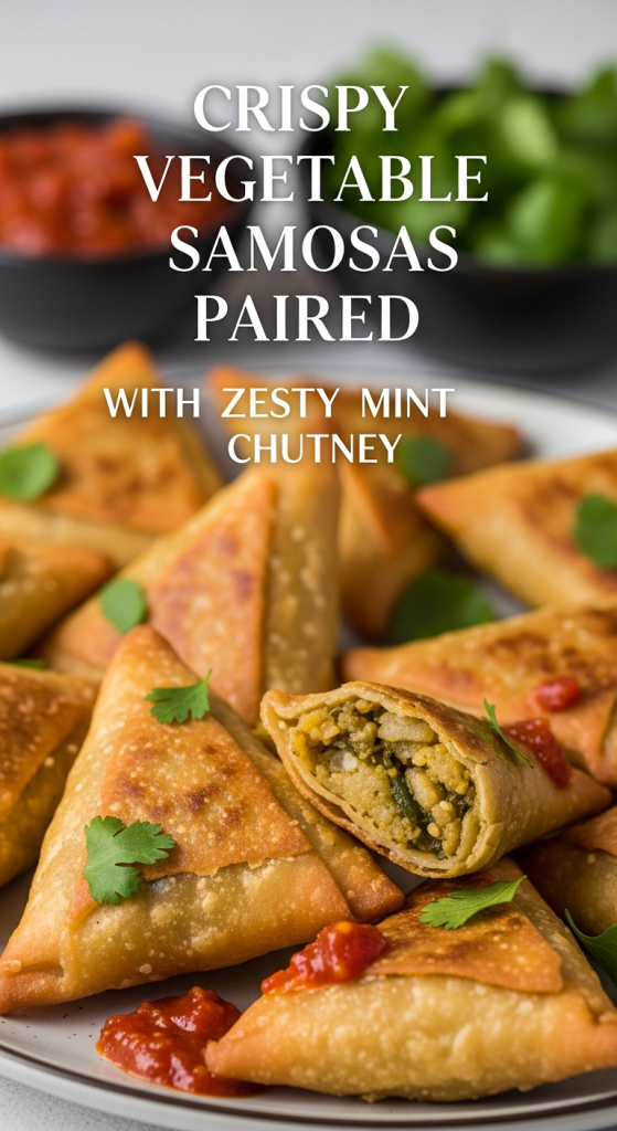 Crispy Vegetable Samosas Paired with Zesty Mint Chutney Delight