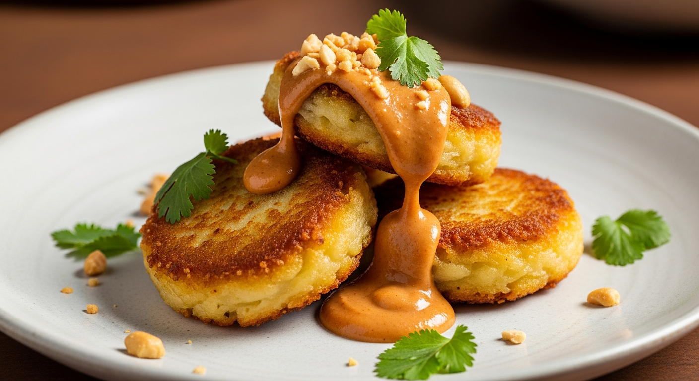 Irresistible Golden Crispy Potato Cakes Paired with Tangy Peanut Sauce