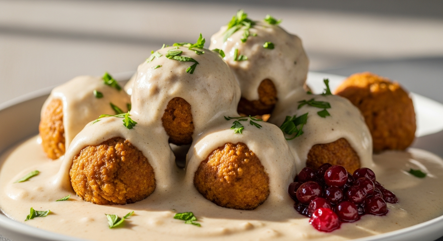 Plant-Powered Swedish “Meatballs” with Lush Creamy Gravy