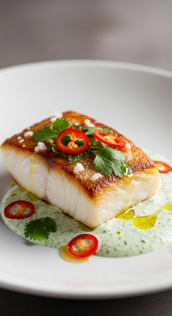Vibrant Pan-Seared Fish Delight: Coconut & Cilantro Sauce Flair