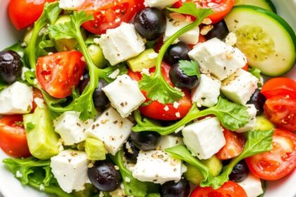 سلطة يونانية منخفضة الكربوهيدرات طازجة بألوان زاهية، خضار وخيار وزيت زيتون ونكهة قوية.