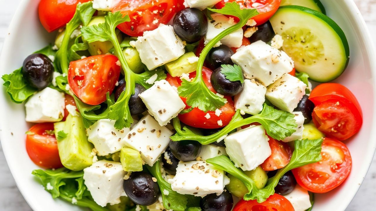 سلطة يونانية منخفضة الكربوهيدرات طازجة بألوان زاهية، خضار وخيار وزيت زيتون ونكهة قوية.