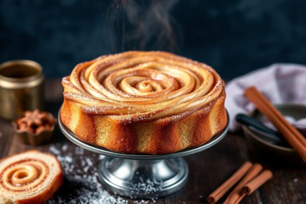 كعكة مدخنة بقرفة وسكر بتكرار حلزوني سحري، ألوان ذهبية وشوَيهات شهية للمذاق.