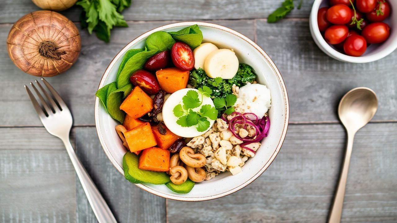 وعاء بوذا للبطاطا الحلوة مع خضار وألوان زاهية، دليل شامل للتغذية السليمة.