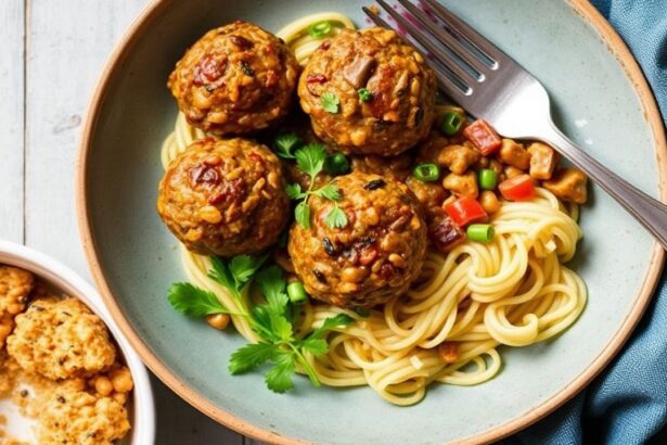 كرات لينتل ومشروم نباتية شهيّة “Meatballs” غنية ولذيذة تُقدَّم ساخنة في طبق.